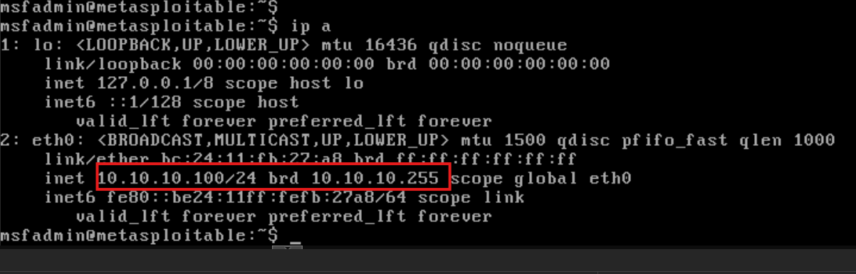22 AFTER PARROT Confirming the IP address of the metasploitable machine